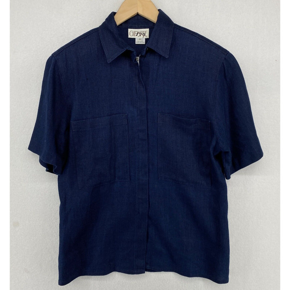 Vtg GIRAFFE Top Womens 8 Full Zip Shoulder Pads Short Sleeve Woven Blue USA - Picture 1 of 14